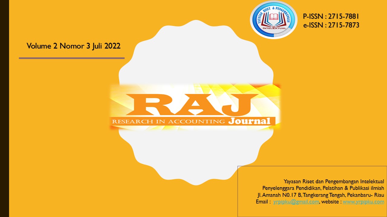 					View Vol. 2 No. 3 (2022): RAJ (Research in Accounting Journal)
				