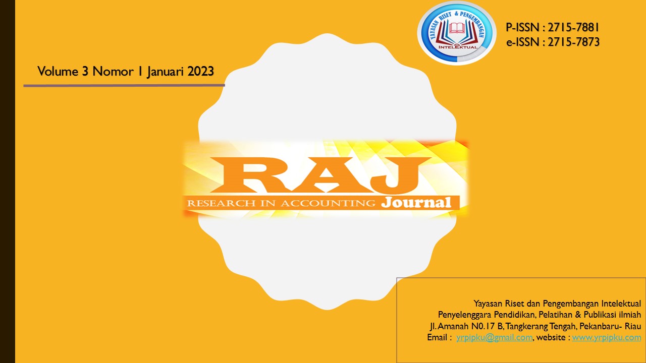 					View Vol. 3 No. 1 (2023): RAJ (Research Accounting Journal)
				